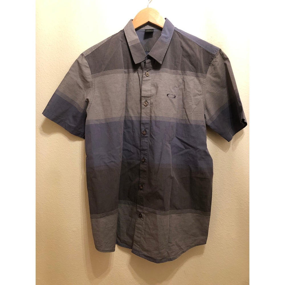 Oakley Mens Short Sleeve Button Down Shirt Grey Blue Striped Colorblock Casual